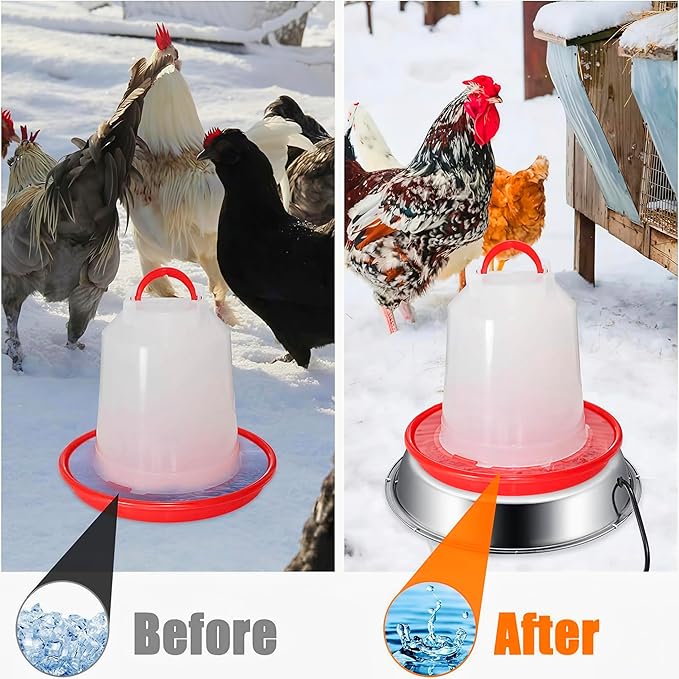 Chicken Water Heater for Winter, 11.8" Stainless Steel Heated Base for Poultry Drinker, 110V 60Watt Thermostatic Heater for 1-5 Gallon Chicken Waterer, US Plug, Anti-Rust, Safe for Coops and Barns
