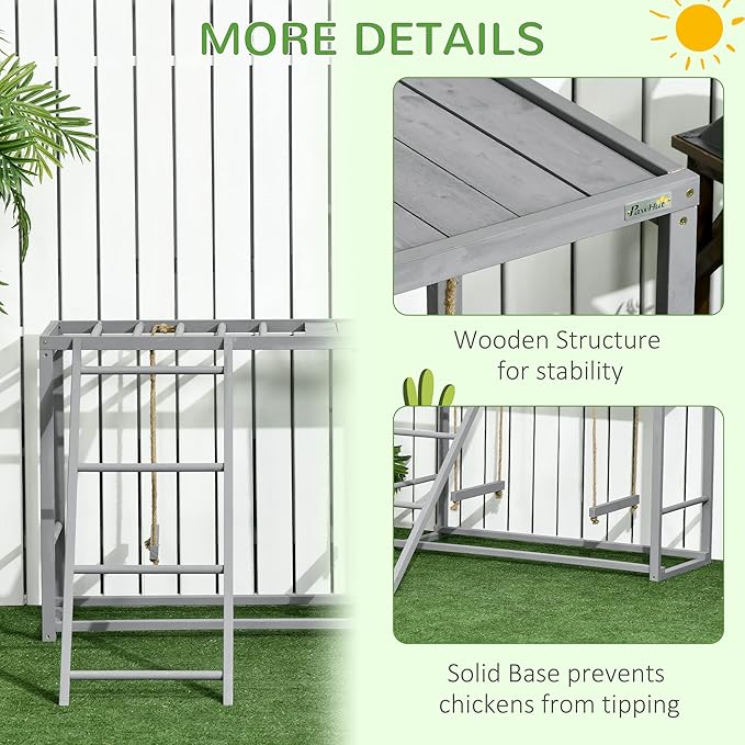 PawHut Chicken Activity Play with Swing Set for 3–4 Birds, Wooden Chicken Coop Accessory with Multiple Perches & Hen Ladder, Gray
