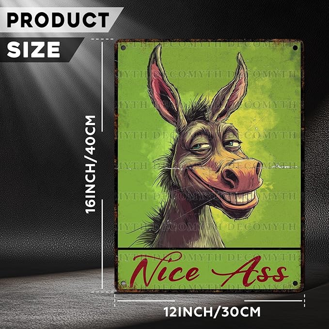 Vintage Donkey Tin Sign Nice Ass Retro Wall Decor Decorations for Home Funny Donkeys Lovers Poster Indoor Store Cafe Toilet Bathroom Restroom Bar Pubs Farmhouse Farm Room 12 * 16inch