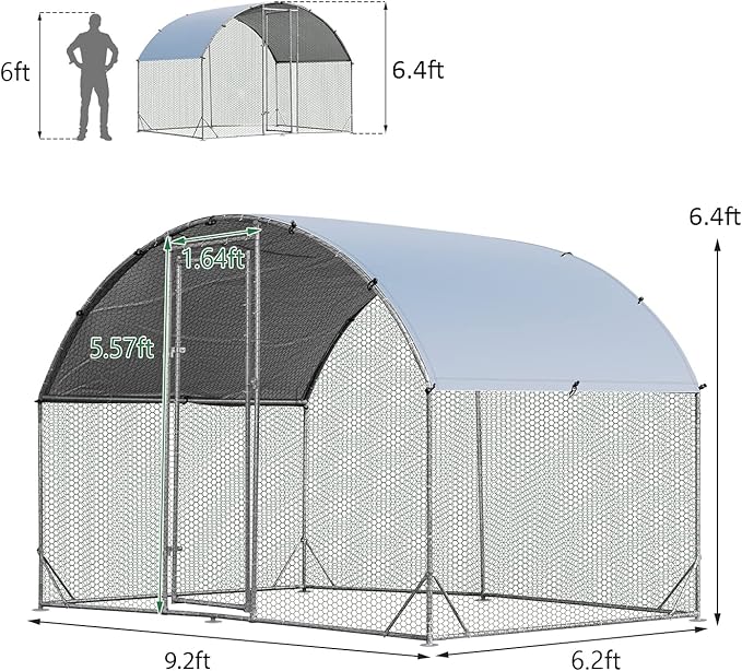 Giantex 9.2ft Metal Chicken Coop, Galvanized Walk-in Chicken Run with Waterproof Cover, Dome Shaped Poultry Cage Hen Run House Rabbits Habitat Cage for Backyard Farm Outdoor (9.2 x 6.2 ft, Dome)