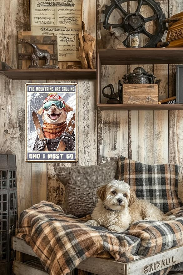 Funny Ski Decor Metal Sign Bulldog Skiing The Mountains Are Calling And I Must Go Skiing Metal Poster Home Kitchen Cafe Aluminium Sign Art Wall Decor 16x12 Inch