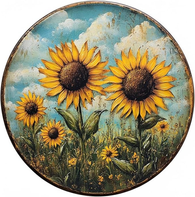 Round Tin Sign Sunflowers Metal Tin Sign for Home Farm House Rustic Garden Yard Vintage Outdoor Outside Porch Wreath Wall Funny Decor 12 Inch
