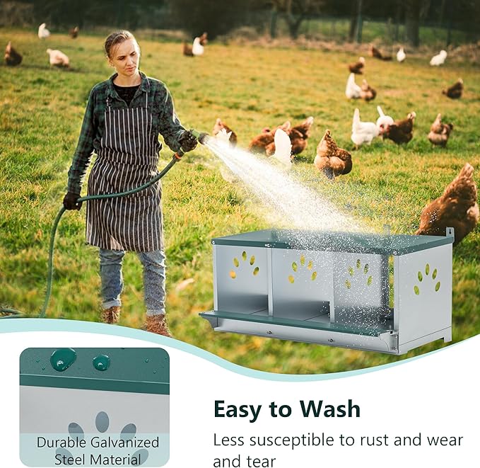 3 Compartment Chicken Nest Box, 3 Room Galvanized Steel Rustproof Metal Nesting Boxes, Chicken Egg Collection Laying Box for Hens