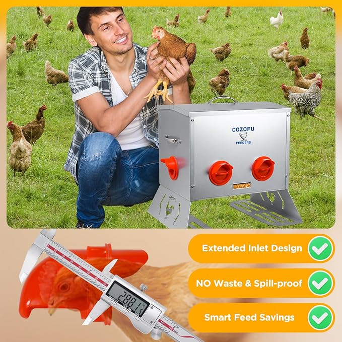 25 Pounds Automatic Chicken Feeder 6 Ports Large Gravity Fed Chicken Feeder with Transparent Window & Handle for Chickens Bantams Pheasants Poultry Coop Weatherproof
