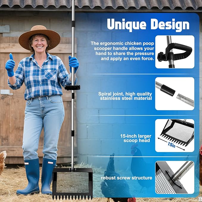 15 Inch Extra Large Chicken Poop Scooper Adjustable Scooper with Ergonomic Grip Sifting Litter Shovel Chicken Coop Scoop