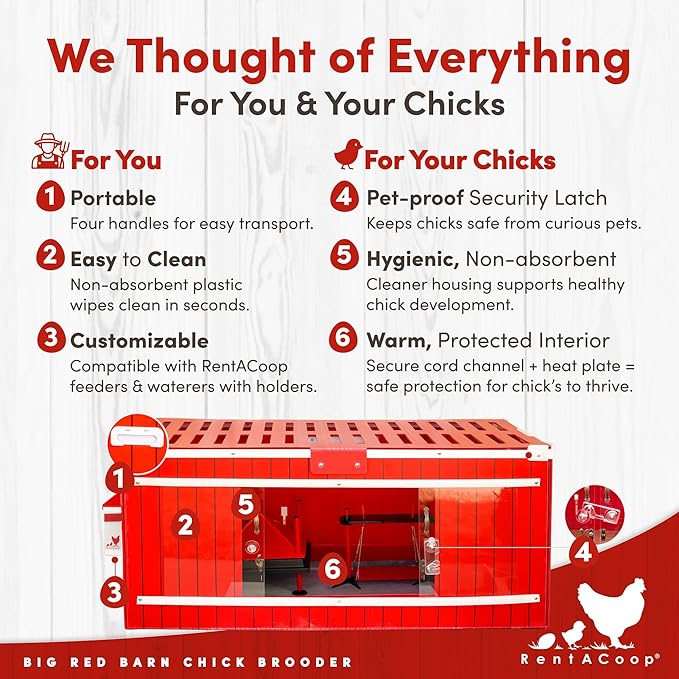 RentACoop Big Red Barn Chick Brooder | Durable, Lightweight, Easy-Clean, Multipurpose | with Absorbent Hatchling Liners, Jute Liners, LED Light, Security Latch