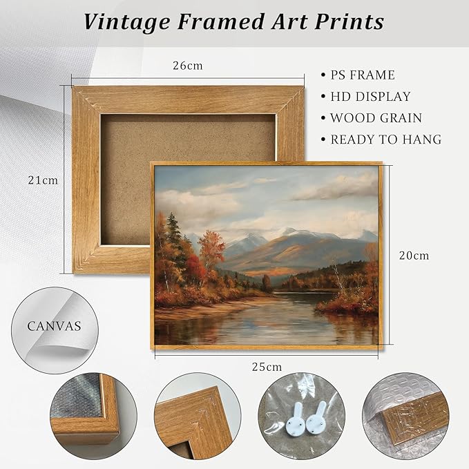 Framed Vintage Fall Wall Art Rustic Country Pictures Autumn Lake Painting Moody Fall Prints Maple Leaf Picture Autumn Landscape Poster Retro Forest Wall Art Farmhouse Natural Painting 8x10inch