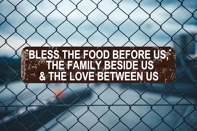 Rustic Blessing Sign 16x4 Inch - "Bless the Food Before Us, The Family Beside Us and the Love Between Us" Farmhouse Metal Wall Decor for Kitchen, Dining Room
