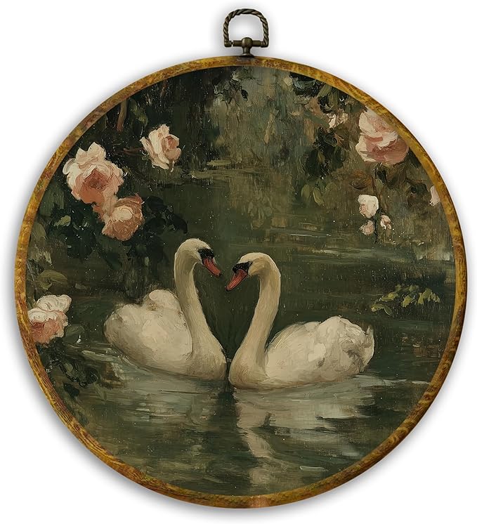 CUANFDDSF Vintage Floral Swan Round Wall Art, Classical Romantic White Swan Framed Hanging Wall Decor, Cottagecore Elegant Animal Canvas Prints Decorations for Home Bedroom Living Room, 10x10 Inch