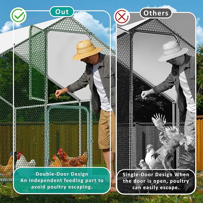 Large Metal Chicken Coop, Walk-in Chicken Run with Feeding Door, Security Lock and Cover, Outdoor Duck/Rabbit Cage Poultry Pen for Backyard, Farm, Yard (Silver - Spire Roof, 13.1 x 9.8 x 6.5 FT)