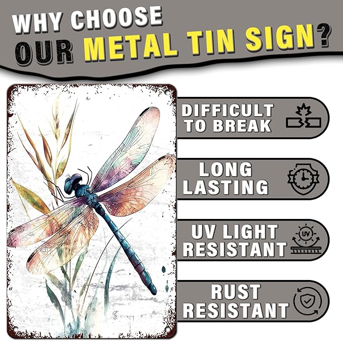 Dragonfly Garden Decor Watercolor Dragonfly Metal Tin Sign Vintage Wall Art for Home Decor Patio Garden Outdoor & Indoor Nature Inspired 12x16inch