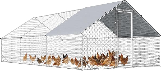 PawHut Large Chicken Coop Metal Chicken Run with Waterproof and Anti-UV Cover, Spire Shaped Walk in Fence Cage Hen House for Outdoor and Yard Farm Use, 1" Tube Diameter, 9.8' x 19.7' x 6.6'