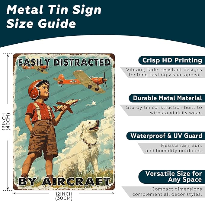 Airplane Decor Aviation Wall Art Vintage Airplane Metal Tin Sign Easily Distracted By Aircraft Retro Plane Poster For Home Bar Garage Man Cave 16x12 Inch
