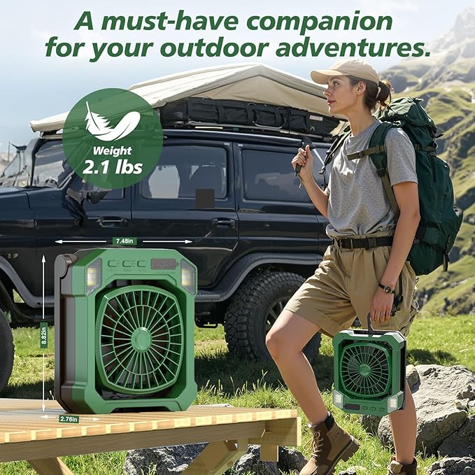 Camping Fan Battery Powered & Solar Powered, Portable Solar Fan 10000mAh Rechargeable Outdoor Fans with Light, Quiet Cordless Fans for Tent, RV, Emergency, Hiking, Power Outage, Desk, Survival Kit