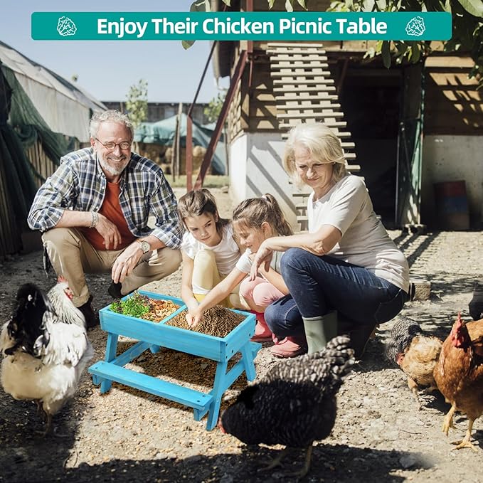 Chicken Picnic Table, Chicken Feeder No Waste Handmade Wooden, Large DIY Chicken Feeder Kit, Wild Bird, Duck & Squirrel Feeders, Mesh Bottom Keep Food Fresh and Dry Easy to Clean and Fill（Blue Paint）