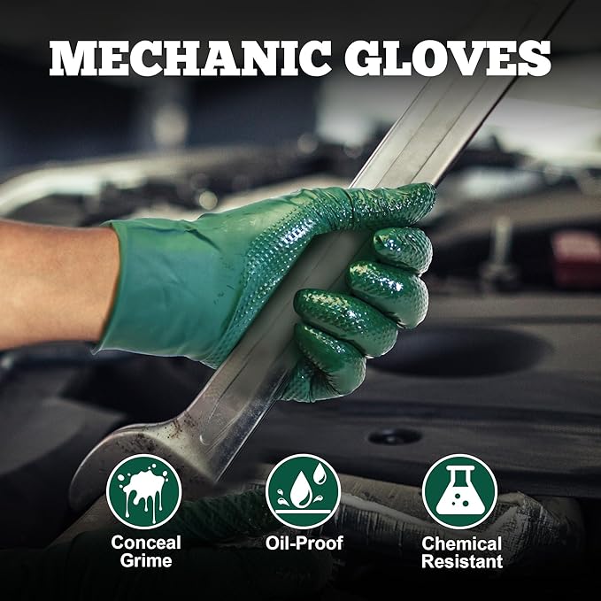 TitanFlex Heavy Duty Industrial Nitrile Gloves with Raised Diamond Texture, 6-mil, Latex Free (Dark Green/Yellow)