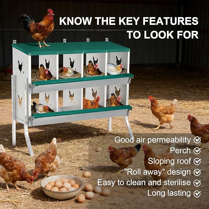 Chicken Nesting Box 8 Compartment with Legs10 Pet Moisture Pads and 4 Fake Eggs Roll Away Egg Collection, Perch, Lid Cover for Egg Protection - Wall Mount Nest Box for Chickens, Hens, Ducks