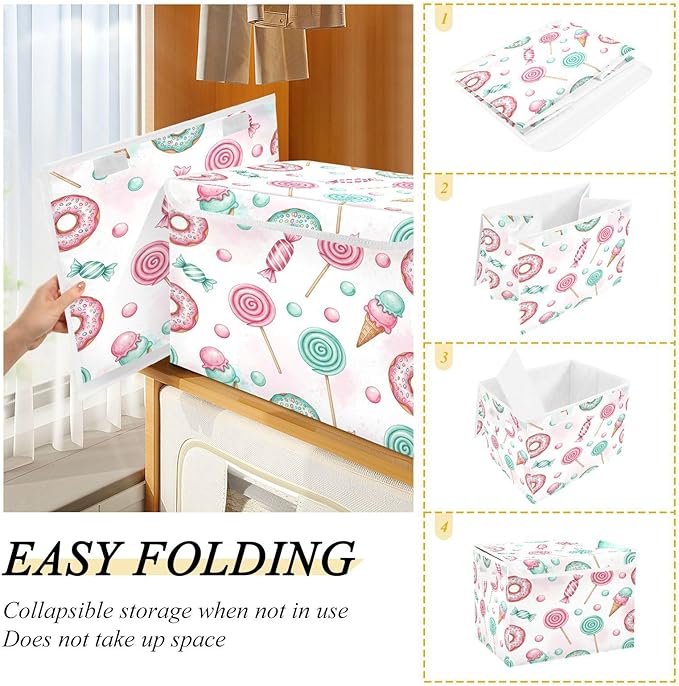 Candy Donuts Lollipops Storage Bins with LidsIce Cream Sweets Foldable Storage Basket with Handles Collapsible Large Fabric Organizer Containers for Clothes Shelves Closet Office Home