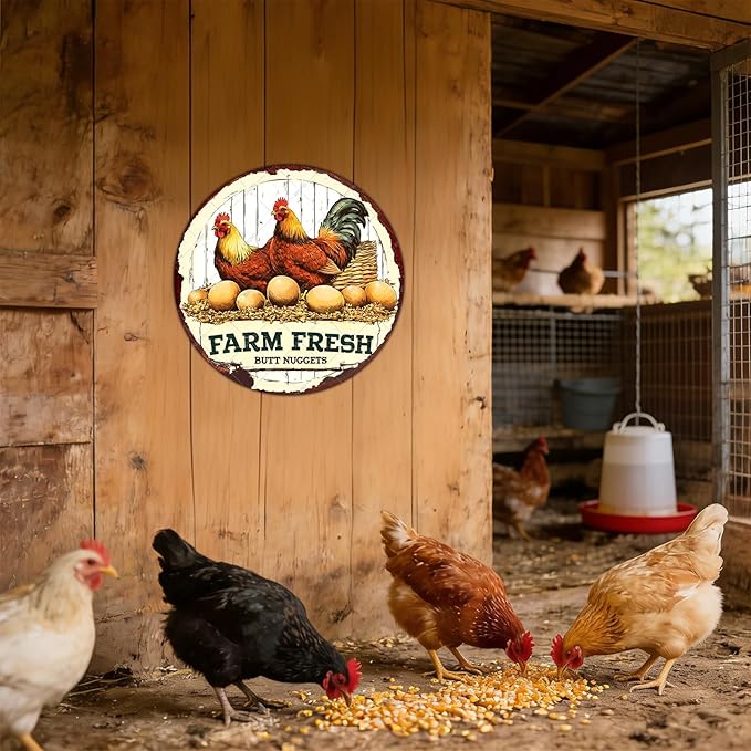 Antique Farm Fresh Eggs Metal Tin Sign Rustic Chicken Coop Decor Vintage Round Wall Art For Farmhouse Kitchen Outdoor Patio Retro Plaque 8 Inch