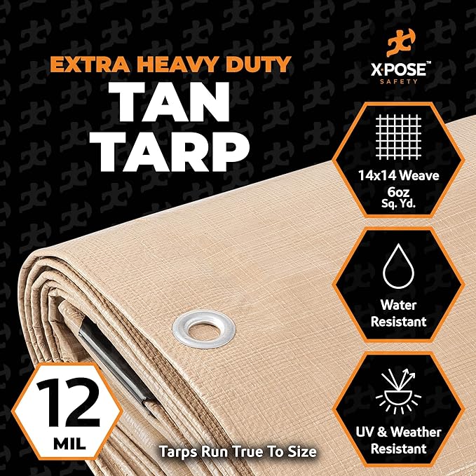 Heavy Duty Tan Poly Tarp 100' X 100' - Multipurpose Protective Cover - Durable, Waterproof, Weather Proof, Rip and Tear Resistant - Extra Thick 12 Mil Polyethylene - by Xpose Safety