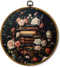 Hiuwevt Vintage Floral Book Round Wall Art Decor, Retro Dark Framed Canvas Prints, Academia Bookish Aesthetic Round Wall Hanging Decor for Bedroom Home Decorations, 10x10 Inches