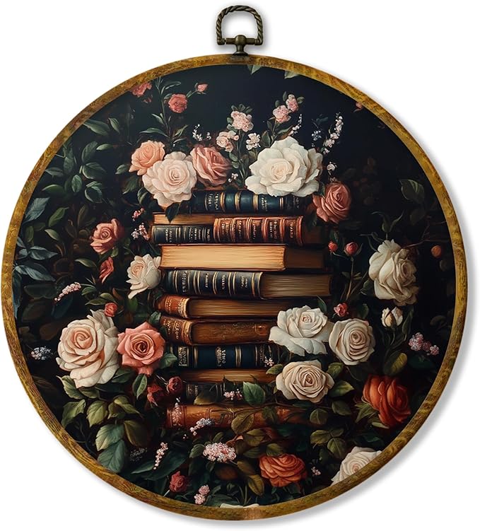 Hiuwevt Vintage Floral Book Round Wall Art Decor, Retro Dark Framed Canvas Prints, Academia Bookish Aesthetic Round Wall Hanging Decor for Bedroom Home Decorations, 10x10 Inches
