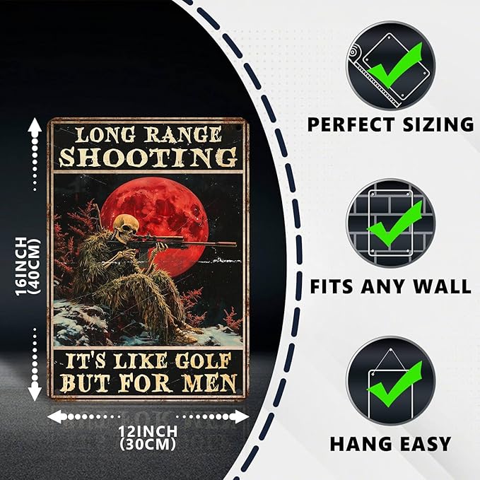 Vintage Skeleton Tin Sign Long Range Shooting Retro Metal Poster It's Like Golf But For Men Funny Gun Wall Art Cafe Office Wall Decorations for Home Bar Club Military Fan Man cave 16 * 12 In
