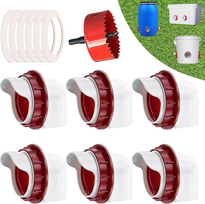 Poultry Feeder No-Waste Automatic Chicken Feeder (6 Ports) - DIY Kit with Hole Saw, Fits Buckets/Barrels/Bins/Troughs (with Covers)