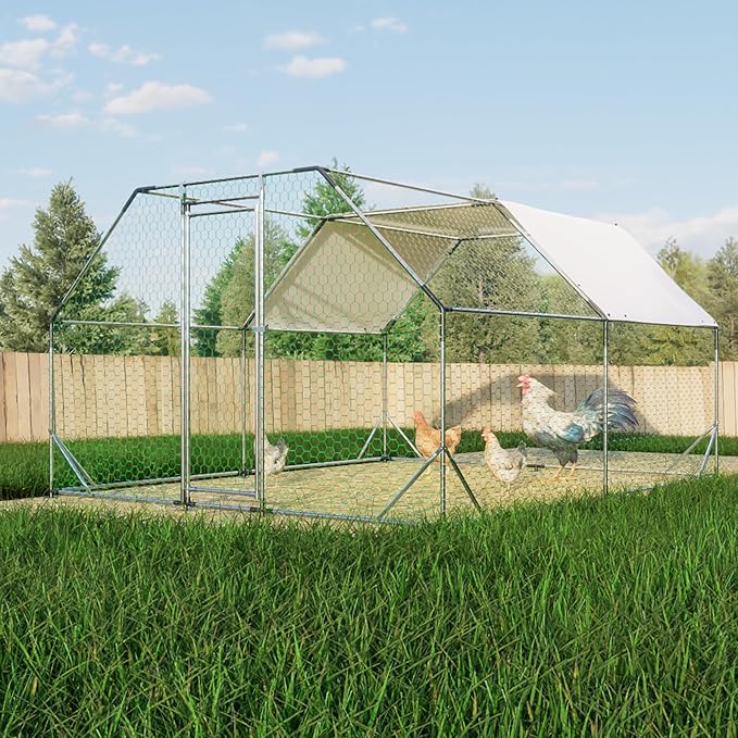 Large Metal Chicken Coop with Waterproof Cover, Walk-in Poultry Cage for 20 Chickens, Rabbits, Ducks, Outdoor Pen
