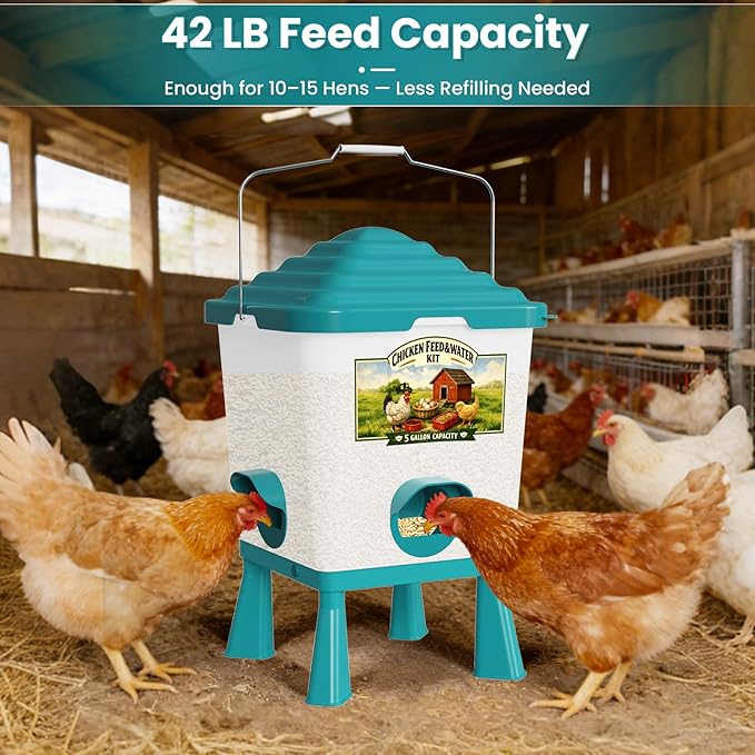 Automatic Chicken Feeder and Waterer Set, Chicken Coop Accessories - 5 Gallon Poultry Nipple Waterer with Stand, Easy Top Fill Chick Feeder (Blue)