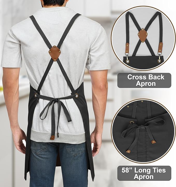 RUVANTI Work Apron for Men, Oil & Water Repellent, Poly Cotton Cross Back Aprons for Women with Pockets, Adjustable up to XXL