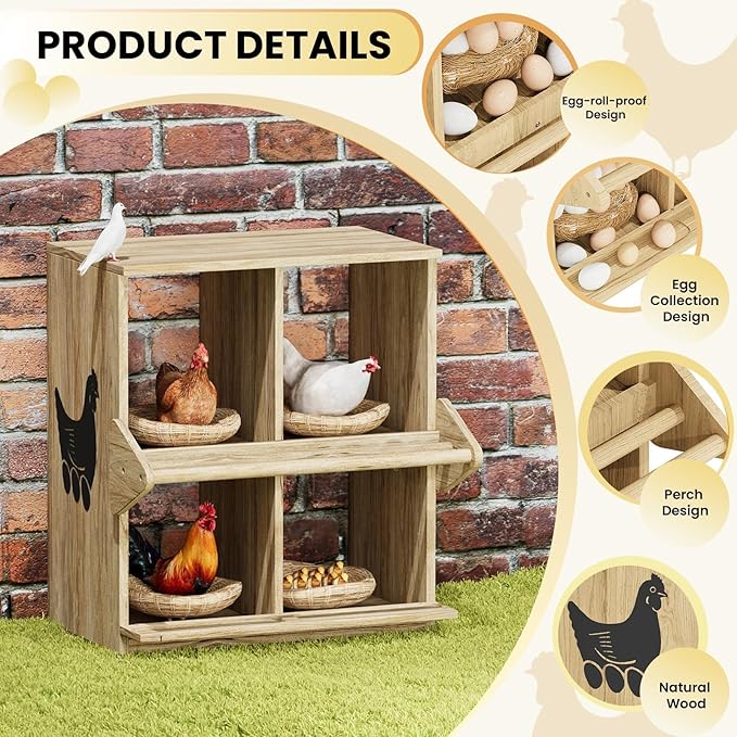 Chicken Nesting Box, 4 Compartment Wooden Nesting Boxes for Chickens with Perches, Floor/Stand/Wall Mount Large Chicken Nesting Boxes for Small & Medium Poultry