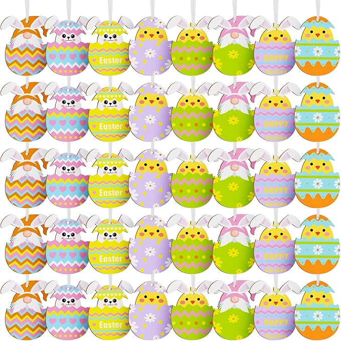 Qunclay 40 Pcs Easter Ornament Decor Easter Bunny Egg Hanging Sign for Tree Rabbit Wooden Slices Spring Wooden Cutouts with Rope for Party Home Farmhouse Indoor Outdoor(Funny Style)