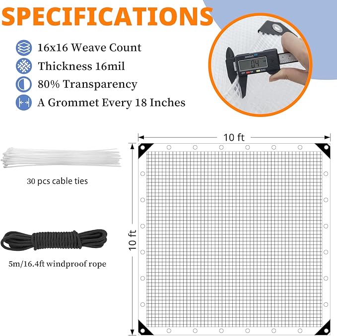 16Mil Clear Greenhouse Tarp, Heavy Duty Clear Tarp with Grommets 10x10FT, Reinforced Poly Transparent Greenhouse Plastic Cover Waterproof UV Resistant for Gardening, Farming, Canopy, Chicken Coop