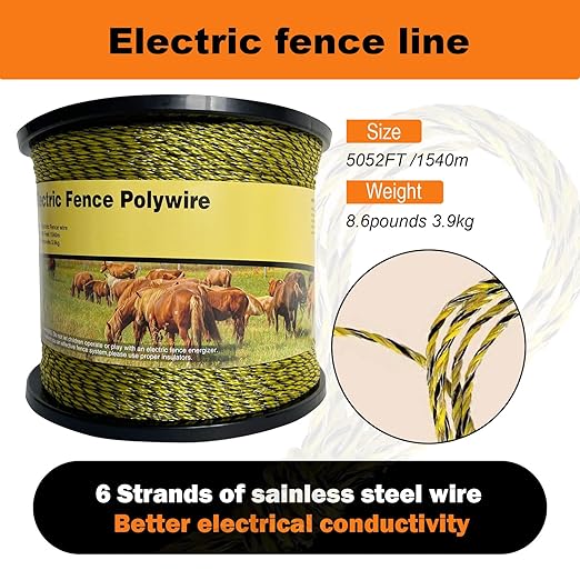 Upgraded Electric Fence Polywire 5050 feet 1540 Meters,1/8 Diameter Portable Electric Fencing Polywires, 6 Stainless Steel Strands,Easy to Install,Yellow and Black,Portable Electronic Fence