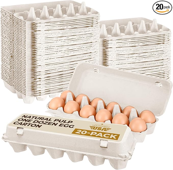 Natural Pulp One Dozen Egg Cartons – 20 Pack - Cheap Bulk 12 Eggs Crates Storage Containers Reusable - Recycled Blank Egg Carton Fits One Dozen Extra Large Eggs for Produce Stands and Grocery Stores