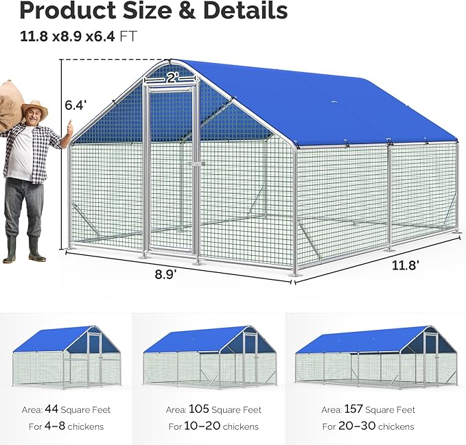 Large Metal Chicken Coop Run with Heavy-Duty Hardware Cloth for 20 Chickens/Ducks, Chicken Runs for Yard with Waterproof Cover, Chicken Enclosure Pen Outdoor, Walk-in Poultry Cage
