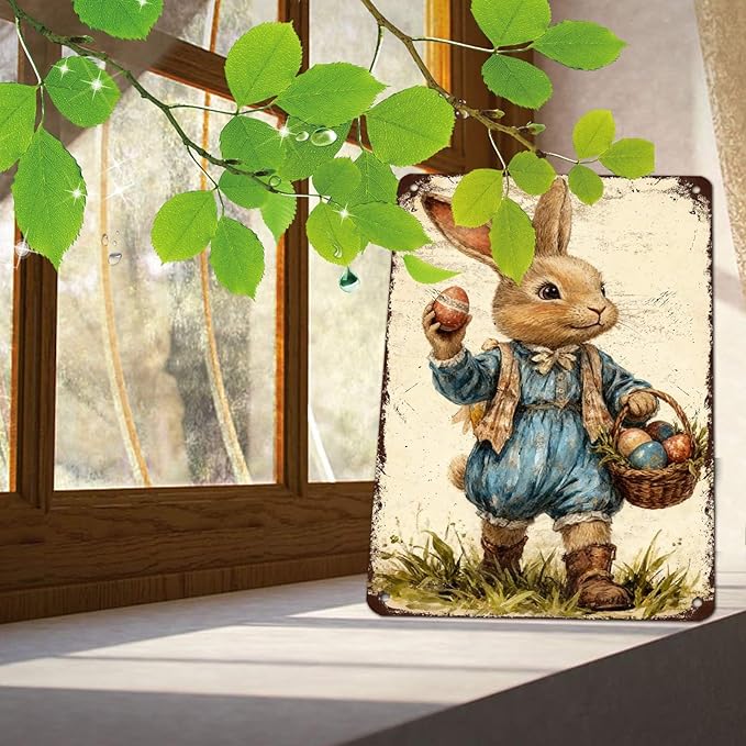 YoyaVex Bunny Metal Sign Vintage Easter Design With Decorative Eggs Rustic Wall Decor For Indoor Outdoor Use In Home Garden 12X16Inch