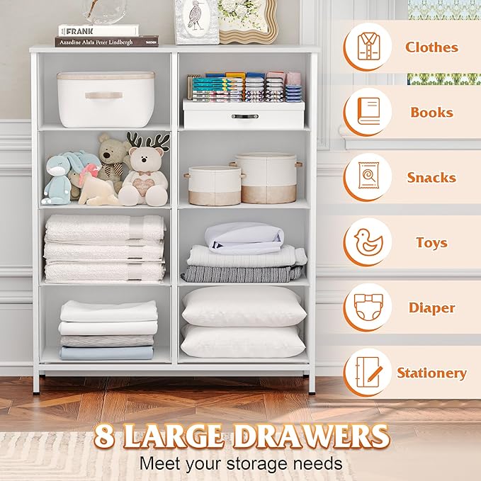 WelFurGeer 8 Drawer Fabric Dresser with Sturdy Metal Frame, Tall Dresser with Fabric Bins, Storage Chest of Drawers for Bedroom, Closet, Kids Room Organization, White