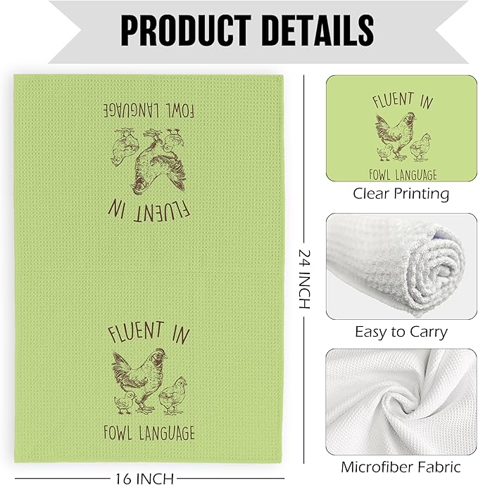 Funny Chicken Green Kitchen Dish Towels 16x24 Inch, Crazy Chicken Gifts for Chicken Mom, Fluent in Fowl Language Decorative Hand Towels Tea Towels for Farmhouse Home