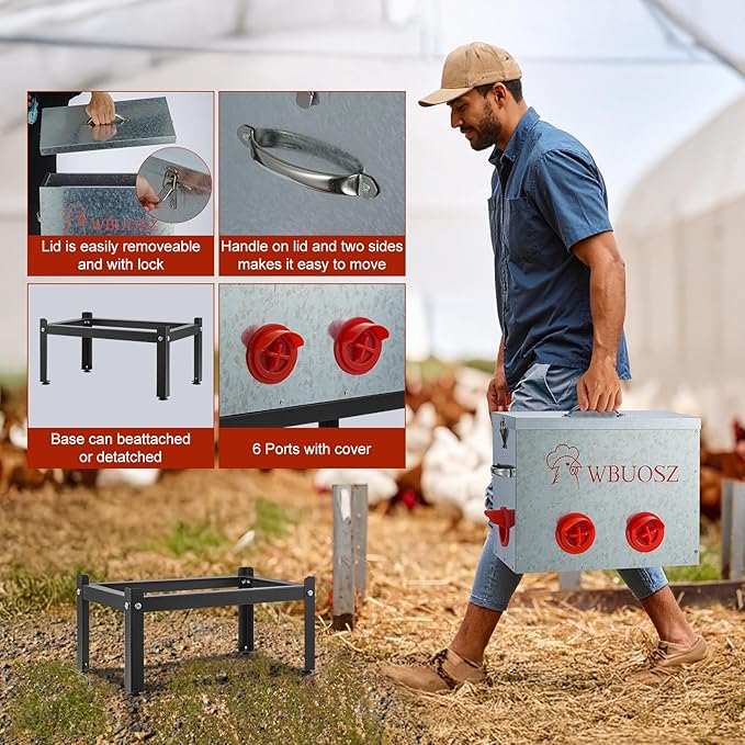 Automatic Chicken Feeder Box 40 lbs 6 Ports Large Capacity No Waste Galvanized Metal Poultry Feeder with Locking Lid and Legs for Hen Coop
