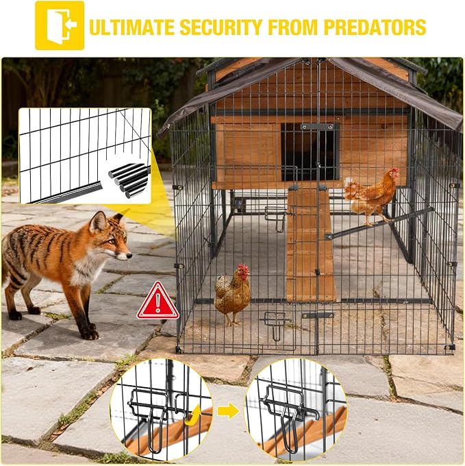Large Chicken Coop for 4-6 Chickens, All-Steel Frame Hen House Poultry Cage with Waterproof Cover, Nesting Box & Metal Run