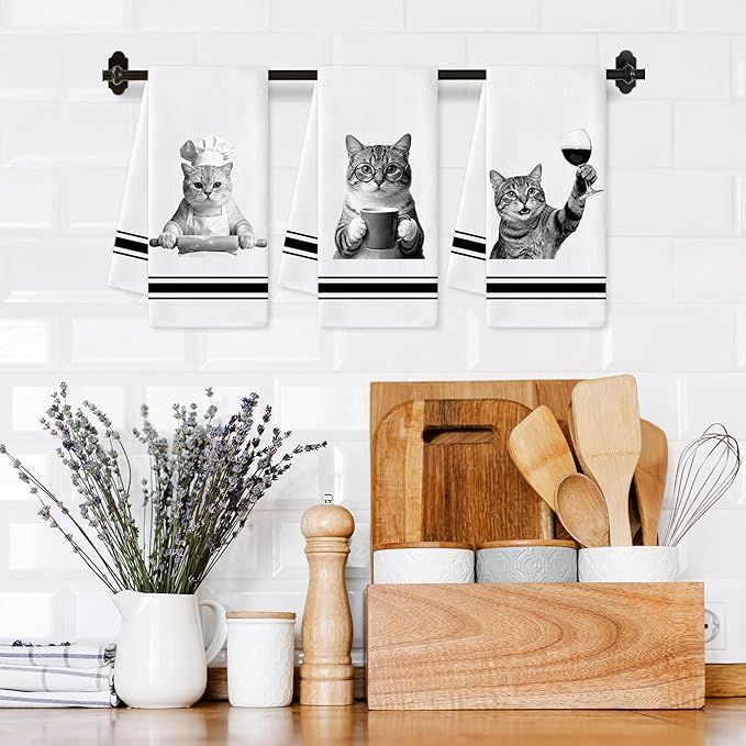GROBRO7 Cute Cats Hand Towel - 6Pcs Funny Kitchen Kitten Theme Dishcloths Set Polyester Soft Clean Dish Towels Home Dining Table Restaurant Bath Decor Housewarming Gifts for Cat Lovers Hostess Women