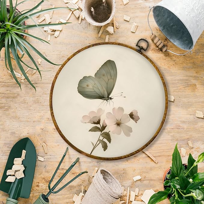 Hiuwevt Vintage Floral Butterfly Round Wall Art Decor, Retro Green Butterfly Floral Framed Canvas Prints, Farmhouse Rustic Round Wall Hanging Decor for Bedroom Living Room Decorations, 10x10 Inches