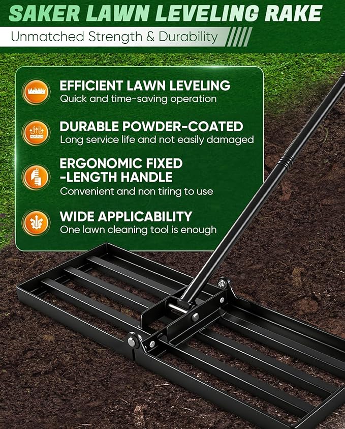 Saker Lawn Leveling Rake 30x10 Inch, 73-Inch Heavy Duty Lawn Leveler Tool with Stainless Steel Handle for Lawns, Backyard, Garden, Golf Course, Farm - Black