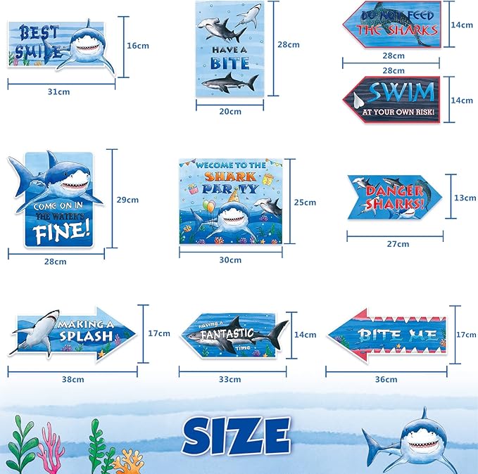 WERNNSAI 10Pcs Shark Birthday Party Decorations - Blue Shark Sign Party Decoration for Under The Sea Party Supplies Ocean Animal Party Sign Poster for Birthday Holiday Party Favors