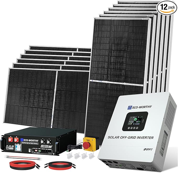ECO-WORTHY 5KW Off Grid Solar System Complete Kit 12PCS 195W Mono Solar Panel (2340W) +1 * 48V 5KW Off-Grid Inverter + 1 * 51.2V 100Ah Server Rack Whole House Storage LiFePO4 Lithium Battery