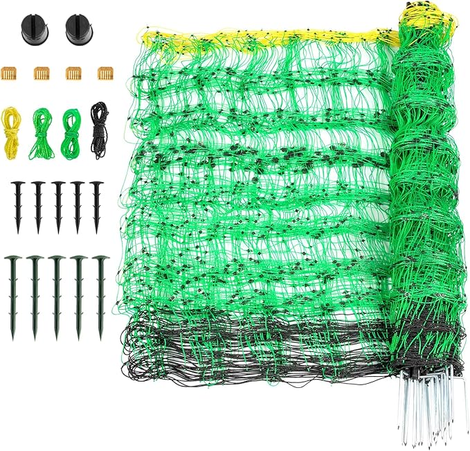 Electric Poultry Netting, 49.6" H x 164' L, Electric Chicken Fence with 14 Posts Double Spiked, Utility Portable Mesh for Chickens Sheep Hogs Goats Deer Dogs Lambs Used in Backyards Farms Ranches