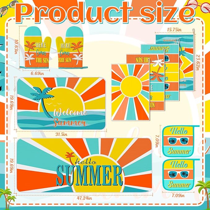 10 Pcs Hello Summer Kitchen Decor and Accessories Sunshine Beach Oven Mitts and Pot Holders Set Sunglass Dish Towels Boho Kitchen Decor Palm Gloves for Baking Cooking Grilling BBQ Women Gift
