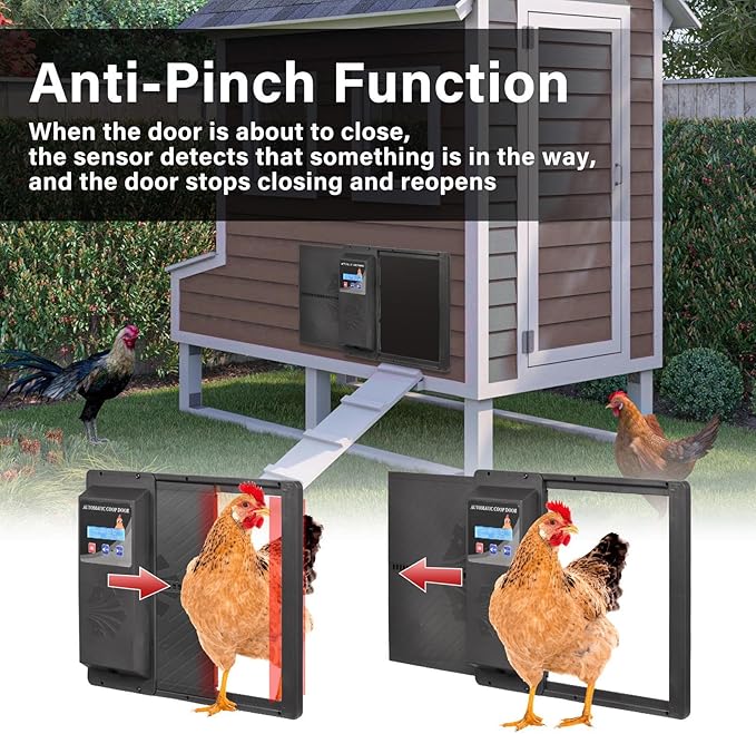 Programmable Chicken Automatic Door with Timer and LCD Display Double Power Supply(USB Charging/Battery Holder) Chicken Coop Door Anti-Pinch Protection for Poultry Black